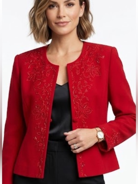 Maxie Klein Jackets & Blazers - VTG Maxie Klein New York Red Embroidered Women's Lined Beaded Blazer Jacket